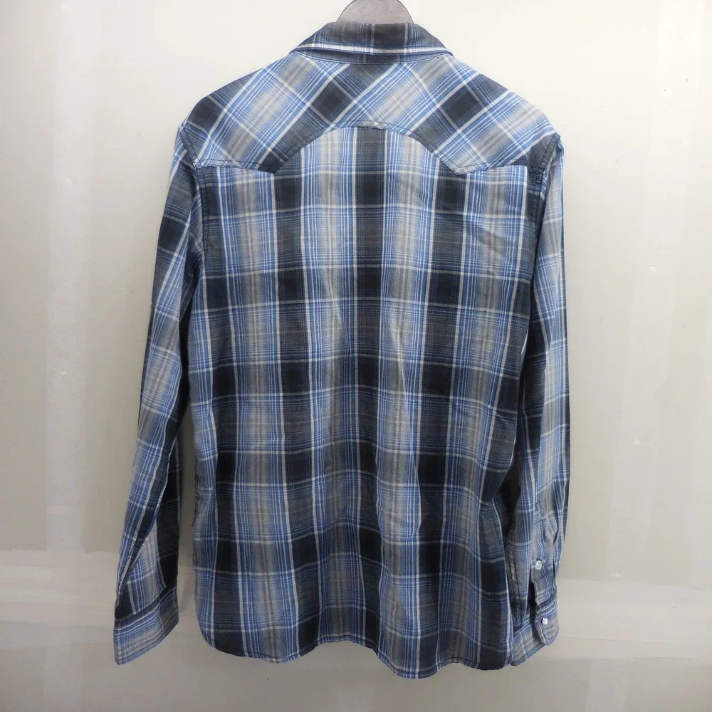 Levis Mens Blue Grey Plaid Modern Western Pearl Snap Long Sleeve Shirt Large